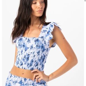 Smocked Blue Floral Ruffle-Sleeve Crop Top